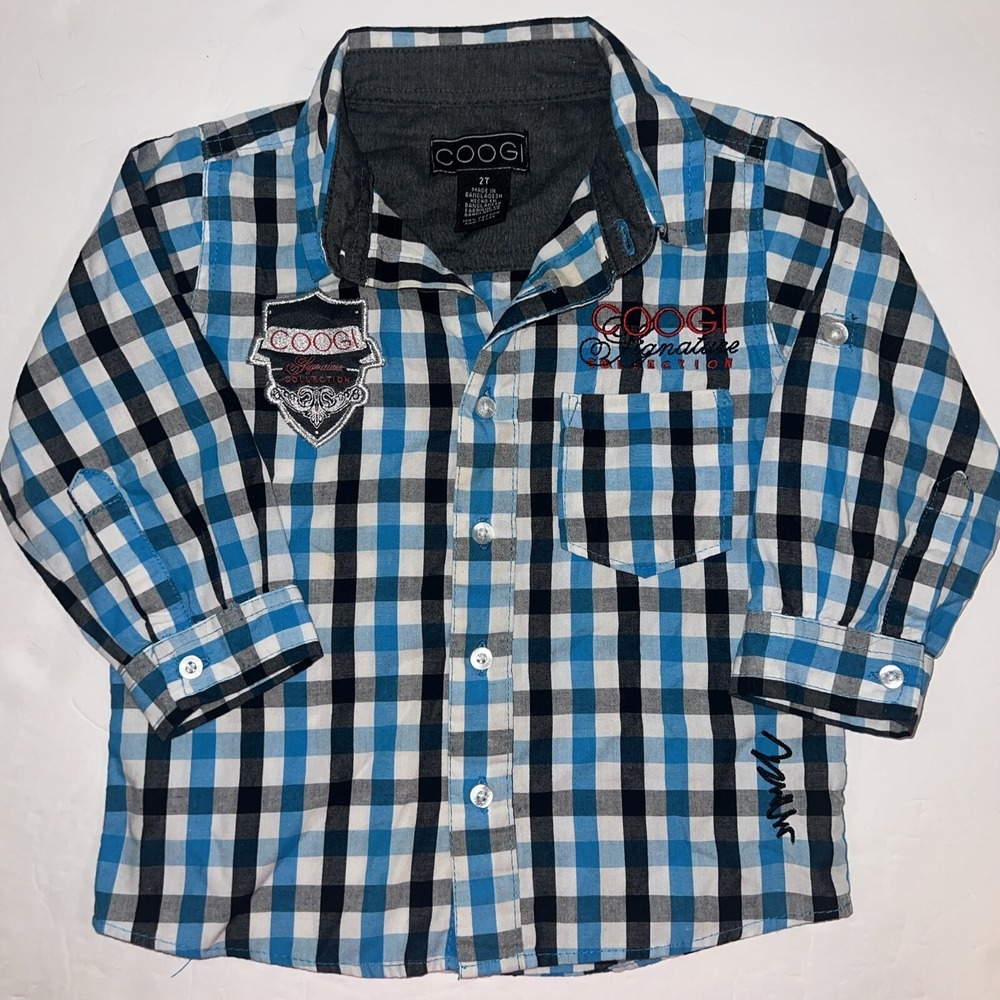 Coogi Signature Collection Boys Size 2T Button‎ Down Blue Plaid Logo Shirt